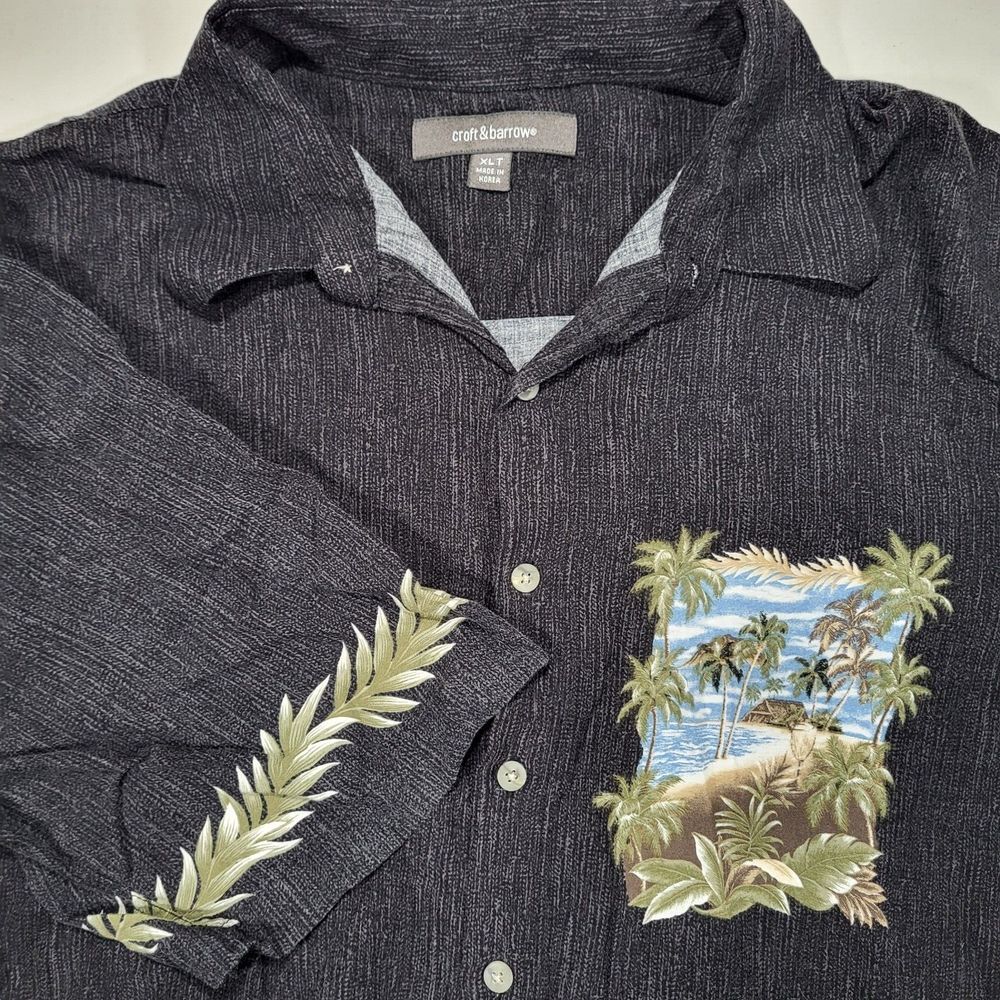 Croft & Barrow Men's XLT XL Tall Black Hawaiian Palm Trees Short Sleeve Shirt